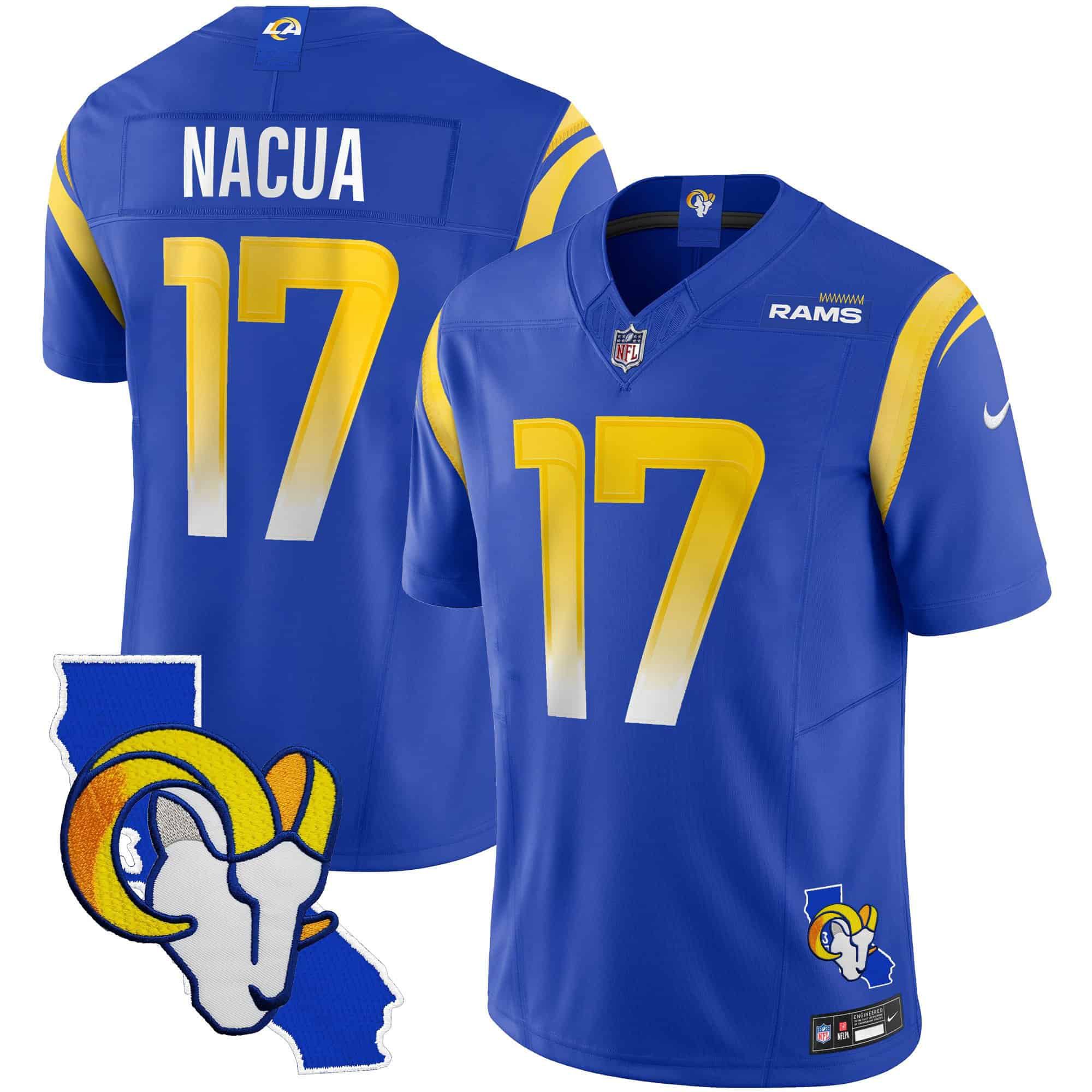 Men Los Angeles Rams 17 Nacua Blue 2024 Nike California Patch Vapor Limited NFL Jersey style 1